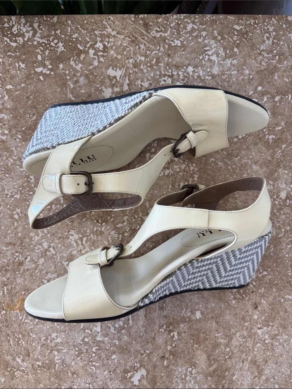 Anyi Lu Cream Patent Leather Buckle Slingback Heels Made in Italy